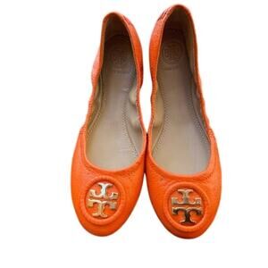 Tory Burch Minnie Travel Ballet Leather Casual Orange Women's US 5 Slip-Ons
